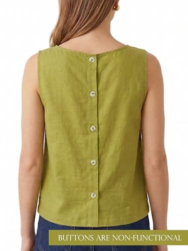 AceNest High Neck Tank Tops Linen Vest Plus Size Linen Crop Tops Boho Vacation Outfits Green XL - Thumbnail 2