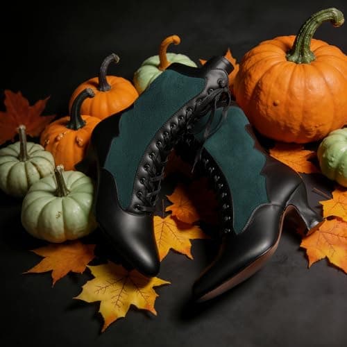 Erocalli Women Mid Heels Witch Boots Green Halloween Cosplay Mid-calf Leather Boots - Lace Up, Fall Winter Boots, Medieval, Renaissance, Steampunk, Vintage Shoes - Thumbnail 5