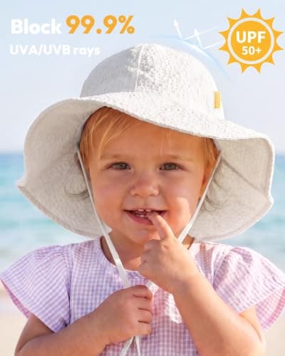 Baby Sun Hat Toddler Girl Beach Hat Adjustable Outdoor Summer Hat UPF 50+ Sun Protection Wide Brim Infant Kids (US, Age, 0 Months, 6 Months, Pink/White) - Thumbnail 2