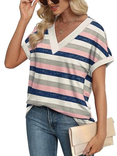 EXLURA Womens Summer Tops V Neck Outfits Clothes Short Dolman Sleeve Blouses 2025 Fashion Shirts - Thumbnail 5