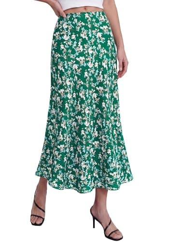 BTFBM Satin Skirts for Women Trendy Spring Summer 2026 High Waisted Leopard Print Cocktail Wedding Long Silk Midi Skirt(Floral Green White, Medium) - Image 1