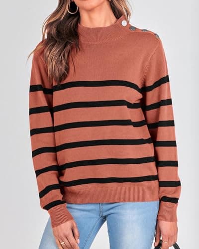 KIRUNDO Fall Sweaters for Women 2026 Striped Turtleneck Ribbed Knit Sweater Trendy Pullover Jumper Winter Fashion Clothing(Medium, Rust Red) - Thumbnail 4