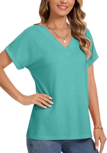 Dimur Womens V Neck T Shirts Fashion Clothing Short Rolled Sleeve V Neck Cute Tops Business Casual Shirts Tunic Tops Cyan XX-Large - Thumbnail 5