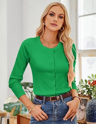 GRACE KARIN Women's Long Sleeve Button Down Crew Neck Classic Sweater Knit Cardigan(XL,Green) - Thumbnail 3