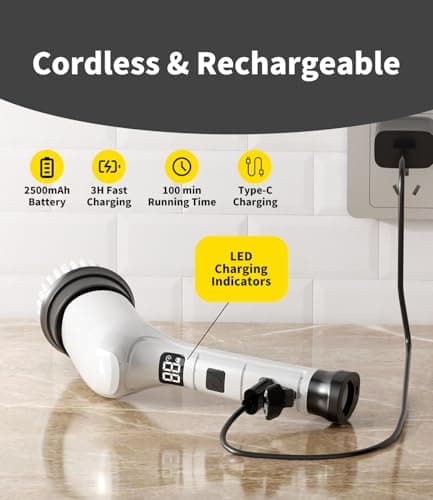 Electric Spin Scrubber, Cordless Household Cleaning Brush with 6 Replaceable Heads, 3 Speeds, LED Display, Lightweight Handheld Power Scrubber for Cleaning Stove/Bowl/Sink/Corner/Tile/Grout-White - Thumbnail 5
