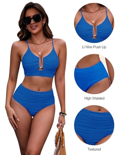 HORISUN Women High Waisted Tummy Control U-Wire Cut Out Textured Bikini 2 Piece Crisscross Back Lined Beach Swimsuit Royal Blue - Thumbnail 4
