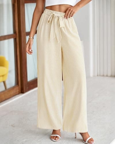 BTFBM Pants for Women 2026 Spring Clothes Striped High Waist Tie Knot Dressy Casual Wide Leg Palazzo Work Trousers Pants(Apricot, Small) - Thumbnail 2