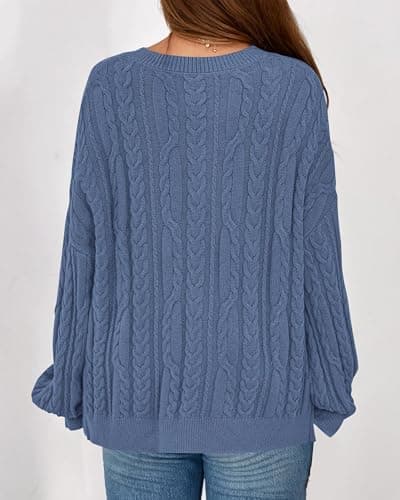 KIRUNDO Oversized Chunky Cable Knit Sweater Women 2026 Fall Fashion Cozy Long Sleeve Crewneck Pullover Winter Clothing(Blue, Small) - Thumbnail 2