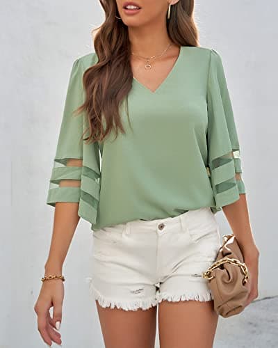 LookbookStore Women's V Neck Floral Print Mesh Panel Blouse 3/4 Bell Sleeve Loose Summer Top Shirt Cameo Green Size XXX-Large Size 24 Size 26 - Thumbnail 3