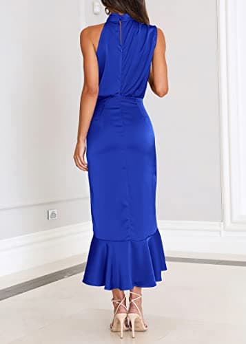 KIRUNDO Women 2026 Spring Summer Satin Mock Neck Wedding Guest Party Cocktail Midi Dress Sleeveless Wrap Ruffle Formal Dress(Brilliant Blue, X-Large) - Thumbnail 5
