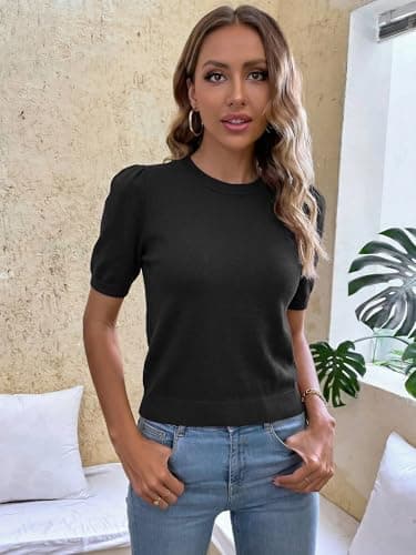 LaGracia Womens Cropped Sweater Puff Short Sleeve Spring Summer Work Tops Crew Neck Sweaters Black S - Thumbnail 6