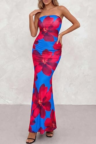 PRETTYGARDEN Womens Spring Dresses 2026 Sexy Strapless Tube Bodycon Mesh Ruched Floral Maxi Dress Wedding Club Outfits(Blue Red Flower,Small) - Thumbnail 6