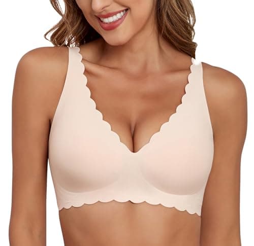 Xcutting Deep V Wireless Bras for Women No Underwire Scalloped Seamless Bralettes for Women with Support Petal Wavy Womens Bras with Extender (Nude,Large) - Image 1