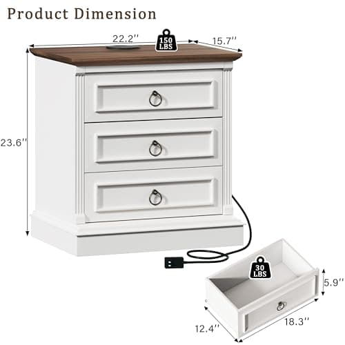 HUAHUU Farmhouse Nightstand with Wireless Charging Station, Side Table with Roman Column, Wood Rustic End Table with Metal Handle for Bedroom, White - Thumbnail 2
