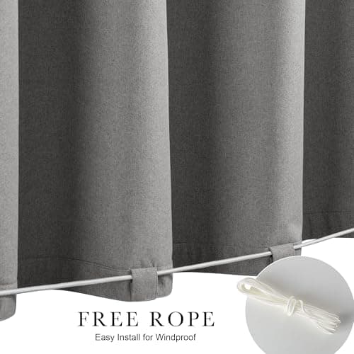 NICETOWN 100% Blackout Outdoor Curtains for Patio 2 Panels, Faux Linen Waterproof & Windproof Gazebo Curtains with Sticky-Back Top & Back Tab Bottom, Includes Straps, Rope, Screws, W52 xL96, Grey - Thumbnail 4