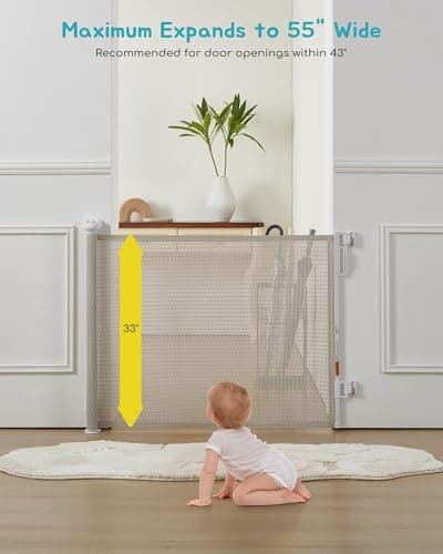 Attababy Retractable Baby Gate, Exquisite Rattan Mesh, 33" Tall, Expands to 55" Wide, Dog Gate for Stairs, Doorway, Hallway, Indoor/Outdoor Pet Fence, Walk-Through Design with No Bottom Bar, Beige - Thumbnail 5
