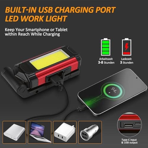 LED Magnetic Work Light, Portable USB Rechargeable COB Light, with Kickstand and Carabiner, 360° Rotating and 180° Rotate Folding Flashlight for Car Repairing, Workshop, Household and Emergency Use - Thumbnail 4