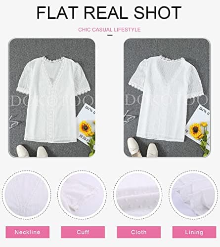 Dokotoo Womens Ladies 2026 Summer Sexy Lace Crochet V Neck Short Sleeve Pom Pom Boho Shirts Casual Loose Solid Chiffon Blouses for Women Tops White X-Large - Thumbnail 5