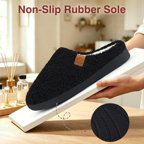 Evshine Memory Foam Fuzzy Slippers for Women Curly Fleece House Shoes Cozy Warm Indoor Slip on, Black 37 - Thumbnail 6