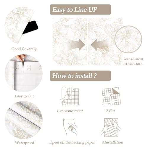 Abyssaly Beige Neutral Peel and Stick Wallpaper Large Floral Contact Paper Boho Flower Removable Self Adhesive Vinyl Roll Waterproof Wall Paper for Bathroom Bedroom Cabinet Thicken Decor 17.3" x 118" - Thumbnail 4