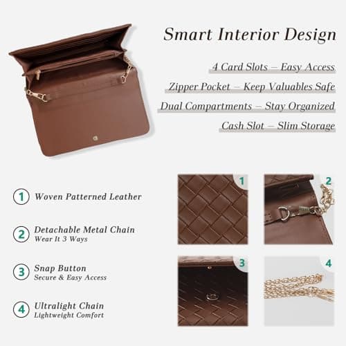 U+U Crossbody Bags for Women, Small Leather Bag with Removable Chain, Card Slots & Phone Pocket - Lightweight Purse Wallet (Brown) - Thumbnail 6