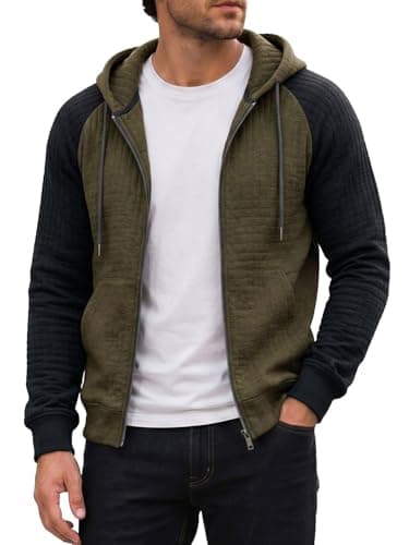 Men's Lightweight Hoodie Zip Up Sweatshirt Long Sleeve Waffle Knit Casual Warm Plaid Jacquard Jacket with Pocket - Image 1