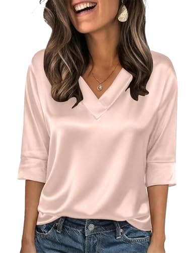 Bakoliza 3/4 Sleeve Tops for Women Trendy V Neck Summer Clothes Dressy Casual Blouses Silk Satin Ladies Top Champagne - Image 1