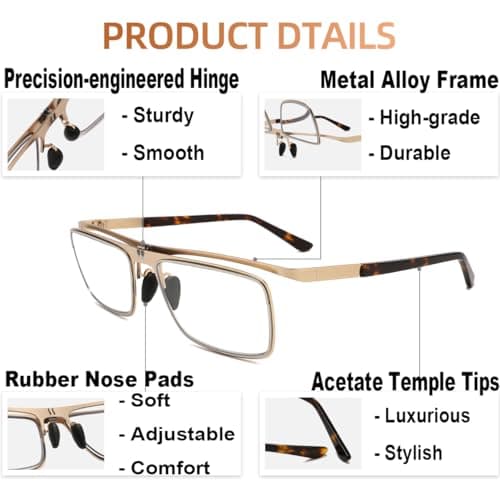 TOVEEN 2 Pack Flip Up Reading Glasses Blue Light Blocking, Durable Clip on Magnifying Glasses with Lightweight Metal Frame for Men Black/Gold +2.0 - Thumbnail 4