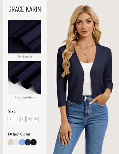GRACE KARIN Women Cropped 3/4 Sleeve ShrugsLightweight Open Front Knit Cardigan Sweater Dressy Casual V Neck Jacket Navy XL - Thumbnail 4