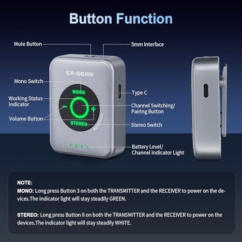 EX GEAR Wireless in Ear Monitor System 5.8GHz, Ultra-Low Latency Clear Stereo Monitoring, 48kHz/24-bit Audio, Rechargeable TX/RX, One-to-Many Auto-Pairing, 100ft Range, Space Gray - Thumbnail 6
