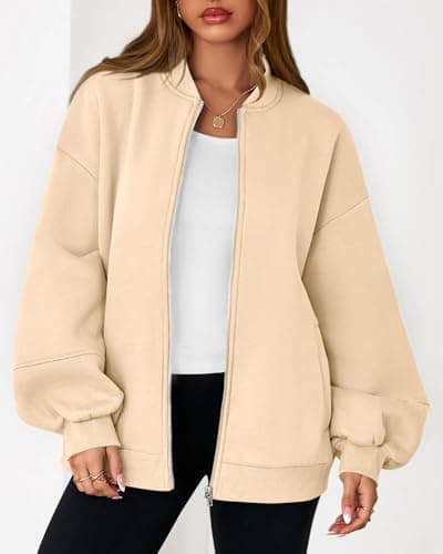 KIRUNDO Oversized Sweatshirt for Women Zip Up Bomber Jacket 2026 Fall Fashion Casual Long Sleeve Outerwear Winter Outfits(Beige, Large) - Thumbnail 6