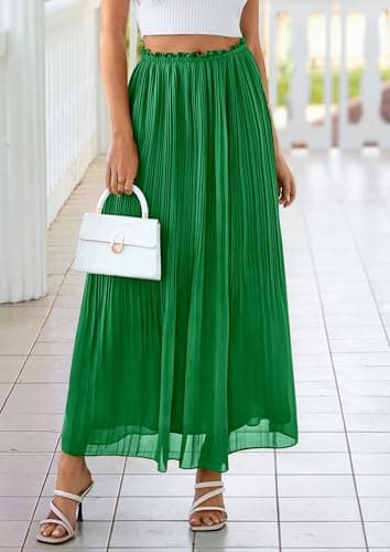 PRETTYGARDEN Long Skirts for Women Summer Vacation Outfits 2026 Spring Chiffon Elastic Waist Flowy A-Line Pleated Midi Skirt(Green,Small) - Thumbnail 6
