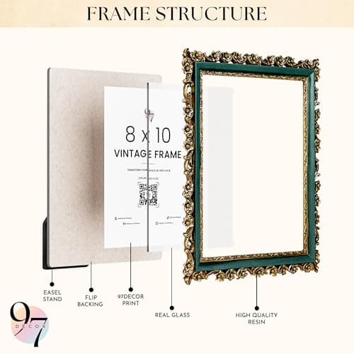 97 Decor Vintage Picture Frame 8x10 - Gold And Blue 8x10 Picture Frame, Elegant Antique Frames 8 X 10 With Glass Front, Fancy Ornate Frame 8x 10 For Photo Display Tabletop And Wall Mounting, - Thumbnail 3