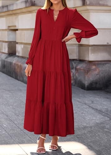 Lazysmile Long Sleeve Dress for Women Wine Red - Thumbnail 3