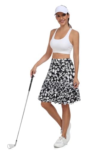 KORALHY 21" Golf Skorts with Pockets Pleated Tennis Skirts with Shorts Knee Length Skort for Athletic, Workout, Casual Wear Black Leaves M - Thumbnail 5
