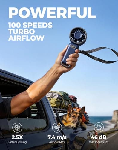 Diveblues Portable Handheld Fan, 7.4m/s High Speed Turbo Fan, 180° Foldable 4-in-1 Personal Neck Fan Integrated Carabiner Clip, 100 Speed Stepless Control, USB-C Rechargeable, 12H Battery, Fanzy D6036 - Thumbnail 2