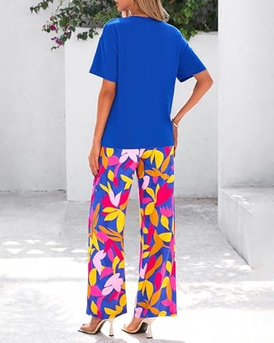 PRETTYGARDEN Women Summer 2 Piece Outfits 2026 Short Sleeve Knit Top Floral Print Belted Wide Leg Pant Sets With Pockets(Floral Blue Multicolored,XX-Large) - Thumbnail 5
