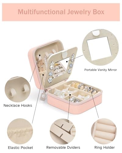 Personalized Jewelry Travel Case(with mirror) with Your Name and Birth Flower,Personalized Gifts for Women - Festival gifts, Bridesmaids Gifts, Small Travel Jewelry Box Organizer for Girls (pink) - Thumbnail 4
