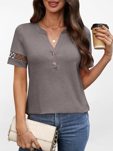 ANRABESS Womens Short Sleeve Tops Henley V Neck Blouses Dressy Casual 2026 Summer Trendy Tee Shirts Work Business Outfits Gray Taupe Small - Thumbnail 2