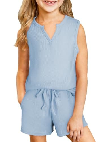 blibean Tween Girls Spring Clothes Sets Little Kids Sleeveless Outfits Teen Trendy Waffle Two Piece Lounge Clothing Hawaiian Dress Shirt Tops Shorts Beach Rompers Size 4T 5T Years Old Blue - Image 1