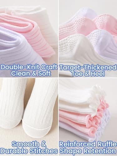 ALLOVIN 6 Pairs Non-Slip Ruffle Socks for Baby & Toddler Girls – Soft Cotton Grip Socks | Pure White/Off-White | 6-12 Months - Thumbnail 5