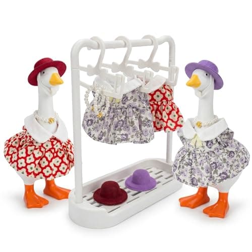 MUGEEY Desk Goose Outfits 7 inches, 2 Sets Mini Porch Geese Matching Dresses Costumes with 1 Rack& 3 Clothes Hangers, Daily Dress-up Outfit for Desktop Duck, Desk/Car Goose Accessories