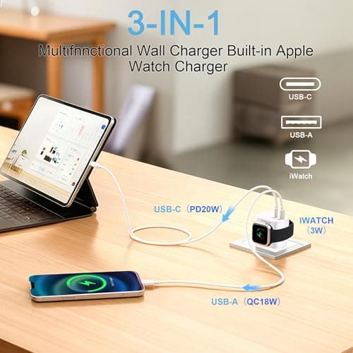3-in-1 Adapter for Apple Watch, 20W USB C Fast Charging Block with Dual Ports & Magnetic Wireless Adapter, Portable Travel Wall Plug for iWatch Ultra/SE/11/10/9/8/7, iPhone 17/16/15/14, AirPods - Thumbnail 4
