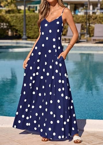 KIRUNDO Polka Dot Dress for Women Summer 2026 Sleeveless Spaghetti Strap Beach Vacation Cruise Boho Long Flowy Maxi Dresses(Navy, X-Large) - Thumbnail 3
