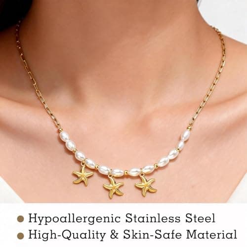 Starfish Necklace for Women: 14K Gold Plated 3-Piece Pendant with 10 Simulated Pearls on Stainless Steel Chain | Cute Boho Beach Jewelry Gift for Summer (Gold) - Thumbnail 2
