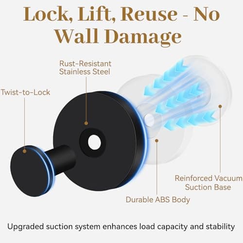 TACGEA Suction Cup Hooks for Shower, Wreath Hangers for Front Doors, Removable Towel Hooks for Bathroom Window Glass, Powerful Vacuum Shower Hook for Towel, Robe, Loofah - 2 Pack, Black - Thumbnail 4