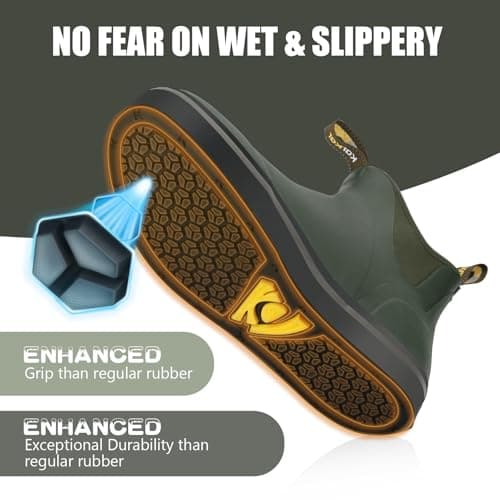 Kalkal Men's Deck Boots Anti-Slip Saltwater Fishing Rain Boots with Memory Foam, Waterproof Rubber Ankle Work Boots for Sailing (Olive Green, Size7) - Thumbnail 4