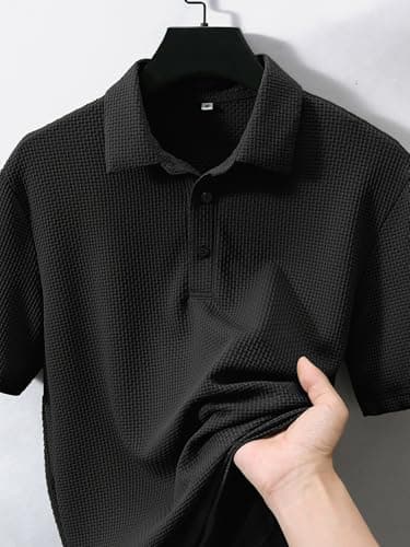 JEMLDL Men's Jacquard Polo Wrinkle Free Stretch Business Golf Polo Shirts Collared Short Sleeve Moisture Wicking Shirts Black L - Thumbnail 2