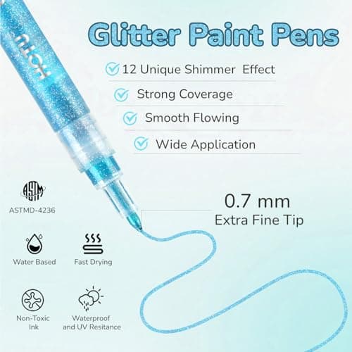 HOTU Glitter Markers Pen, 12 Glitter Colors Paint Pens Sparkly Metallic Shimmer Acrylic Marker Fine Point Tip 0.7mm Water-based Ink for Adults DIY Crafts Greeting Birthday Cards - Thumbnail 4