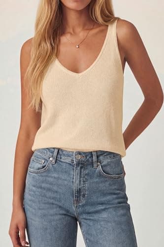 PRETTYGARDEN Women Summer Tank Tops 2026 Basic Sleeveless V Neck Lightweight Knit Beach Vacation Clothes Going Out Top(Beige,Small) - Thumbnail 2